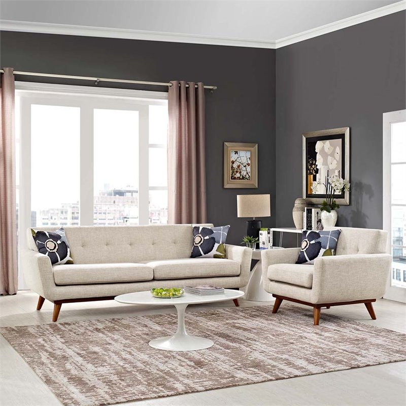 Maklaine Modern Fabric 2-Piece Sofa Set with Armchairs in Beige