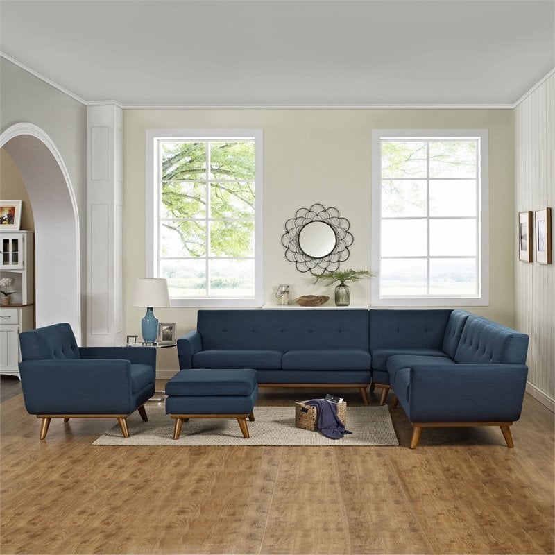 Maklaine 5-Piece Fabric and Rubberwood Living Room Set in Azure Blue