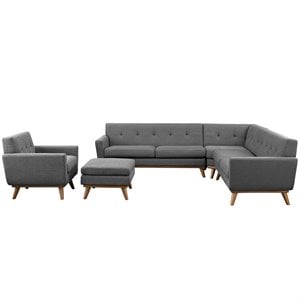 Maklaine 5-Piece Fabric and Rubberwood Living Room Set in Gray