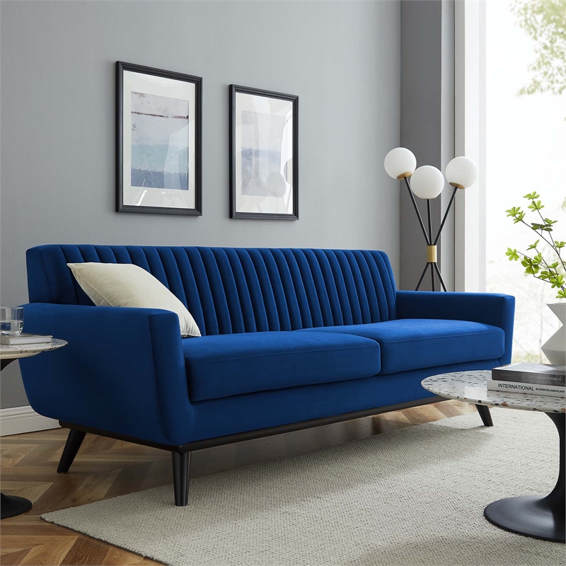 Maklaine Modern Channel Tufted Performance Velvet Sofa in Navy/Black