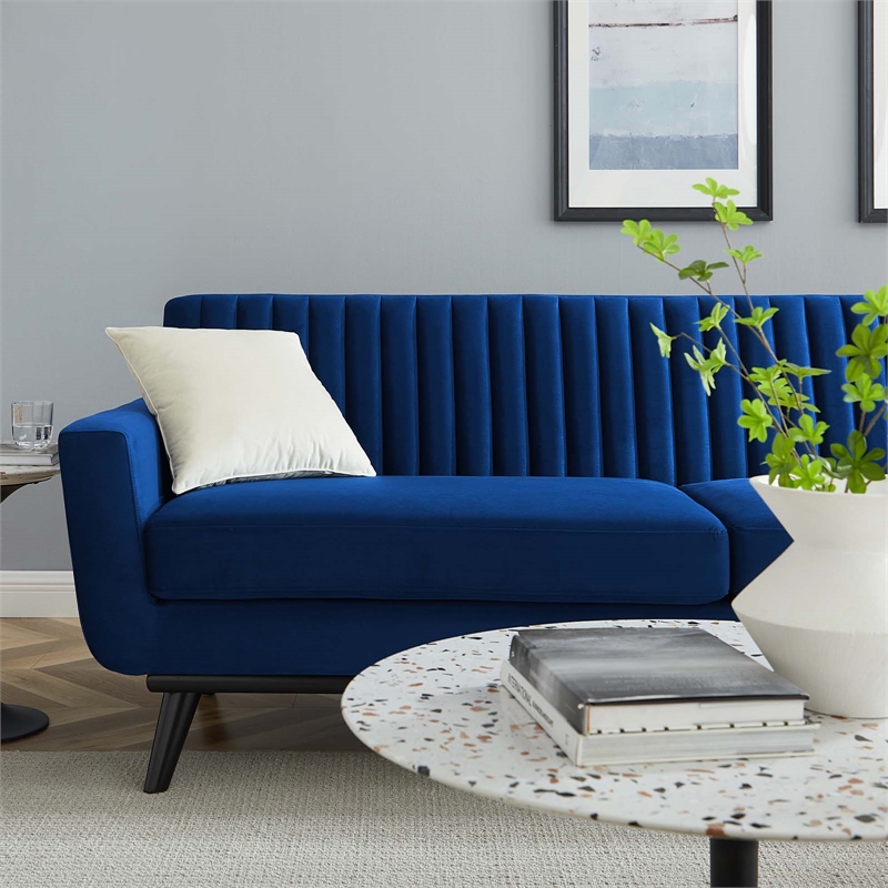Maklaine Modern Channel Tufted Performance Velvet Sofa in Navy/Black
