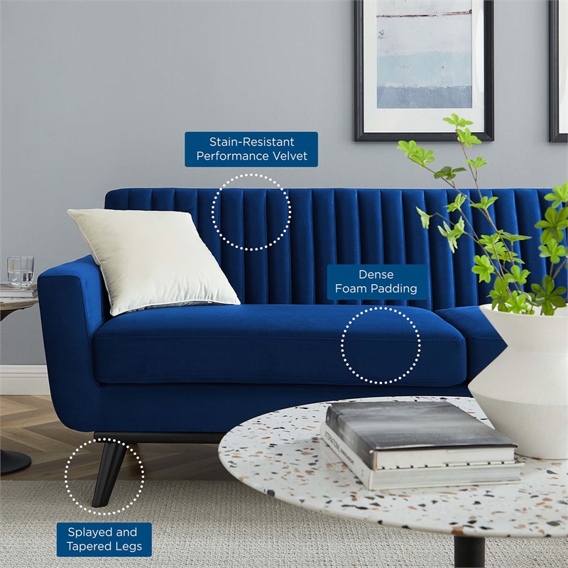 Maklaine Modern Channel Tufted Performance Velvet Sofa in Navy/Black