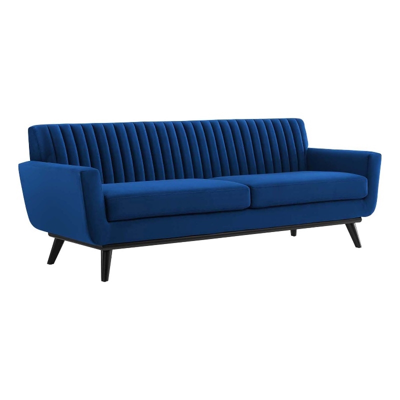Maklaine Modern Channel Tufted Performance Velvet Sofa in Navy/Black