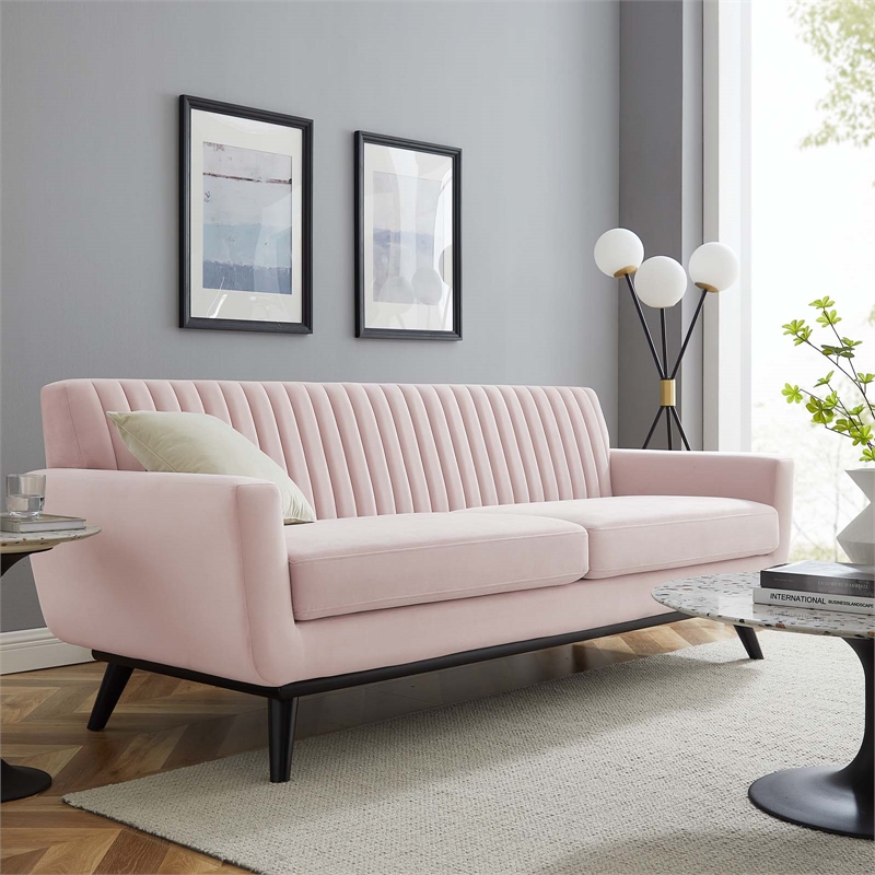 Maklaine Modern Channel Tufted Performance Velvet Sofa in Pink