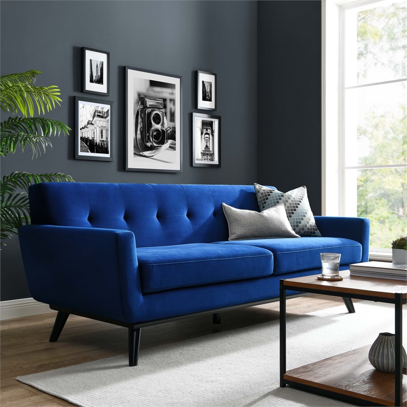 Maklaine Modern Tufted Back Performance Velvet Sofa in Navy/Black
