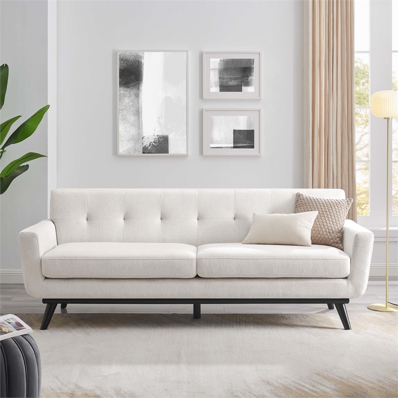 Maklaine Contemporary Tufted Back Textured Fabric Sofa in Ivory
