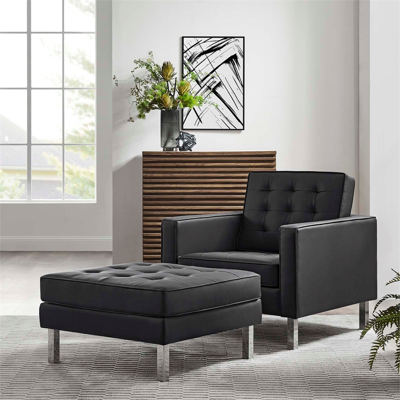Maklaine Vegan Leather Vinyl Armchair and Ottoman Set in Silver/Black