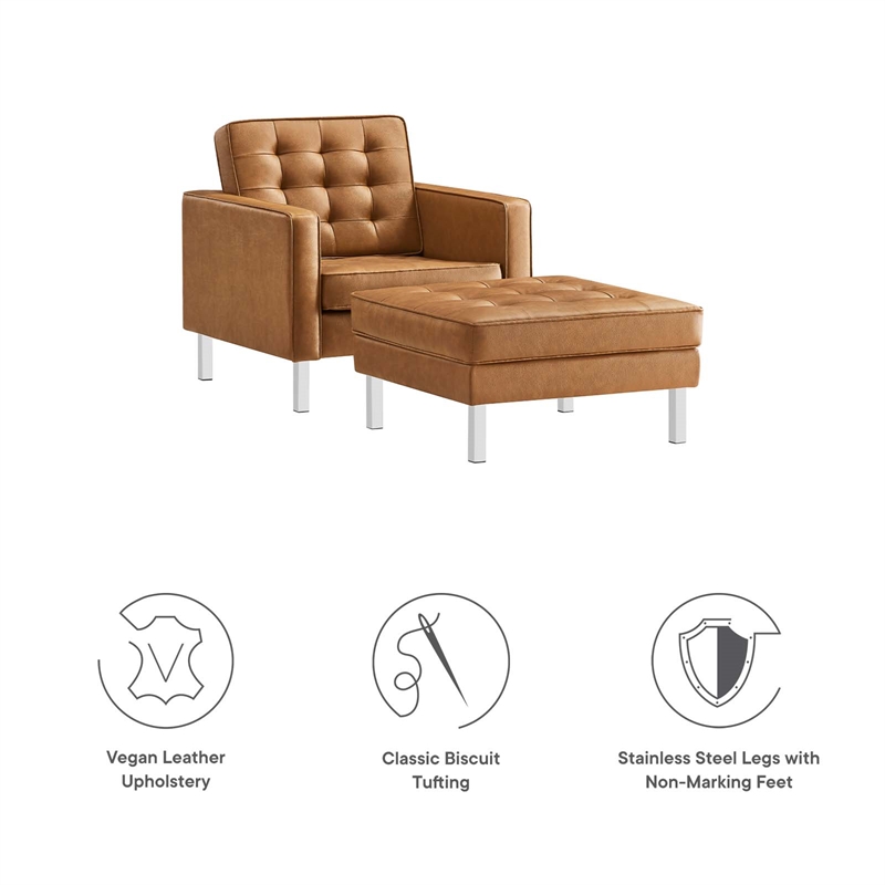 Maklaine Vegan Leather Vinyl Armchair and Ottoman Set in Silver/Tan