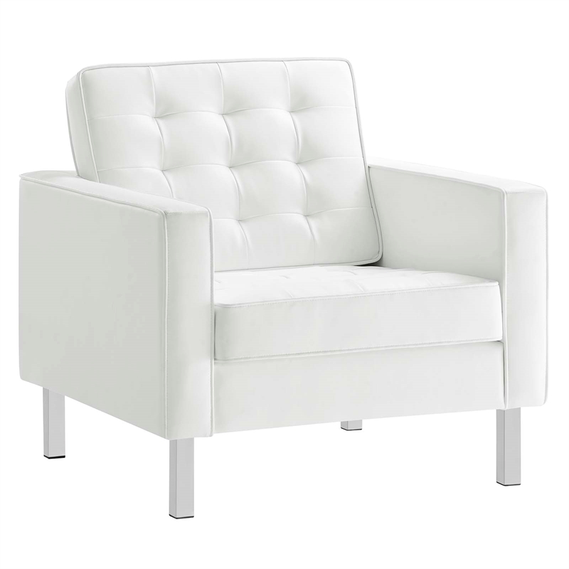 Maklaine Vegan Leather Vinyl Armchair and Ottoman Set in Silver/White