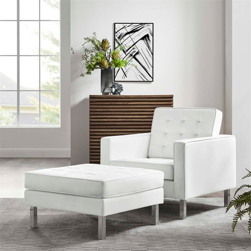 Maklaine Vegan Leather Vinyl Armchair and Ottoman Set in Silver/White