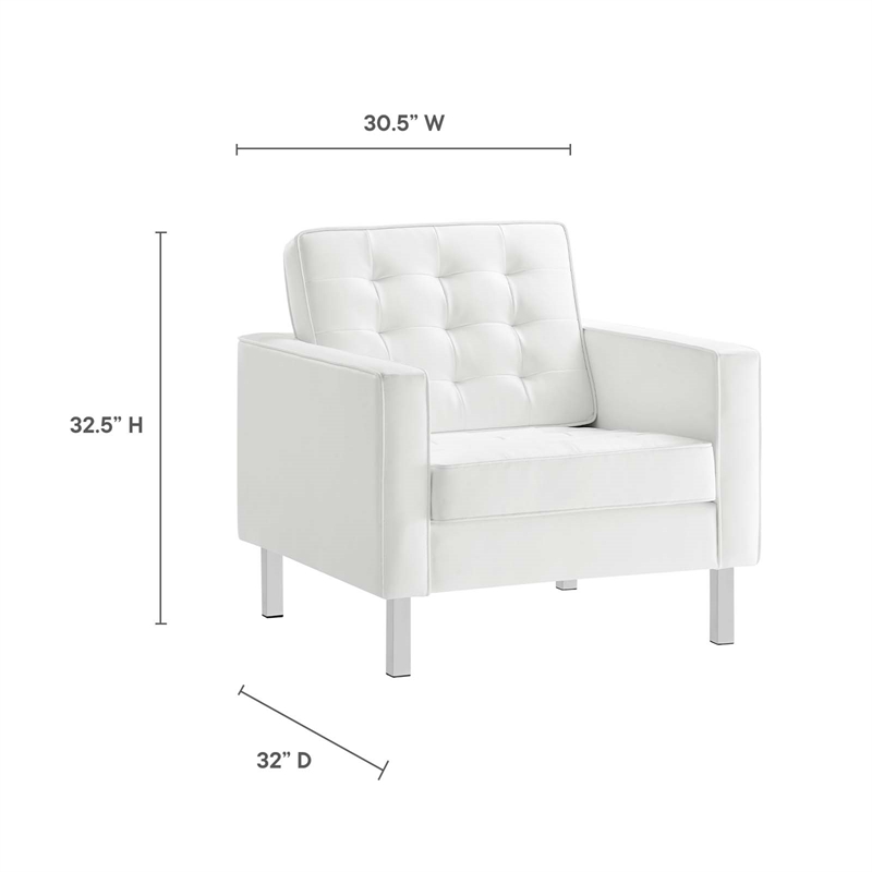 Maklaine Vegan Leather Vinyl Armchair and Ottoman Set in Silver/White