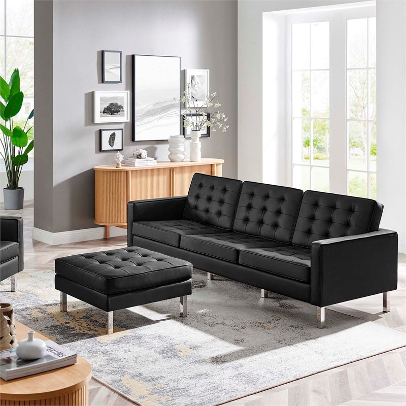 Maklaine Tufted Vegan Leather Vinyl Sofa and Ottoman Set in Silver and Black