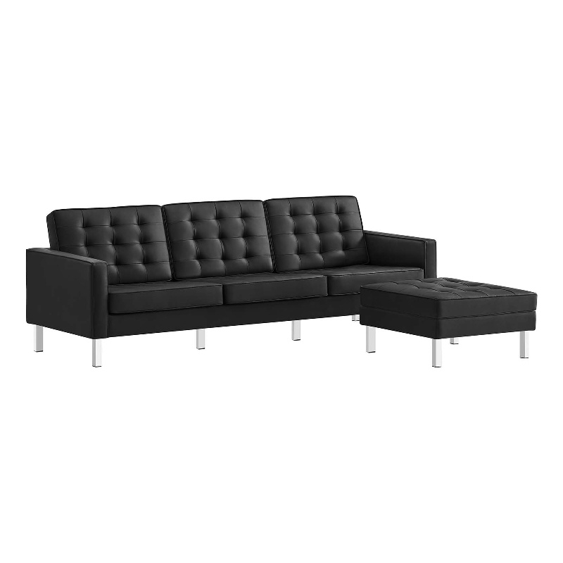 Maklaine Tufted Vegan Leather Vinyl Sofa and Ottoman Set in Silver and Black