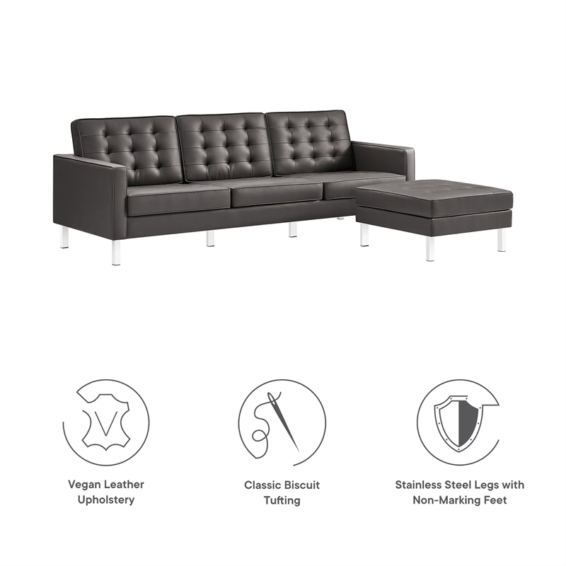 Maklaine Tufted Vegan Leather Sofa and Ottoman Set in Silver Gray
