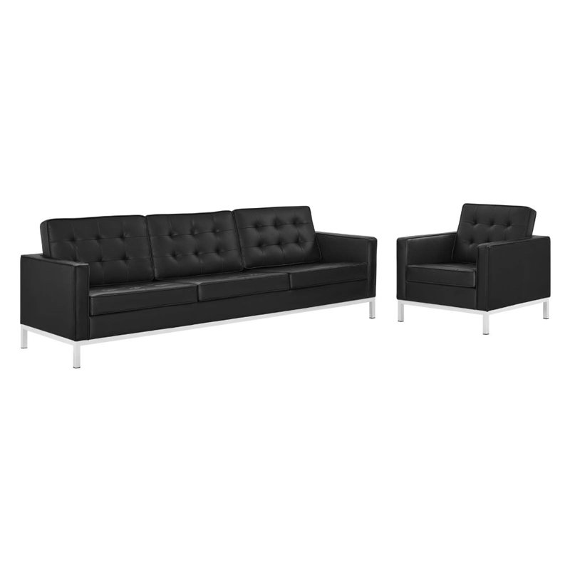 Maklaine 2-Piece Modern Tufted Faux Leather Sofa and Armchair Set in Black