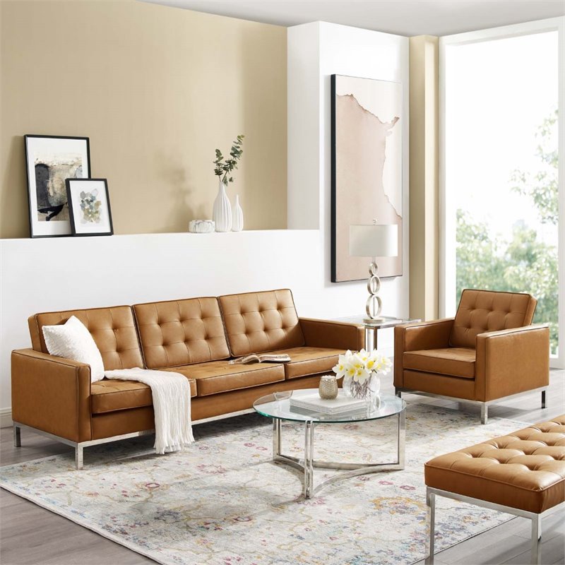 Maklaine 2-Piece Modern Tufted Faux Leather Sofa and Armchair Set in Tan