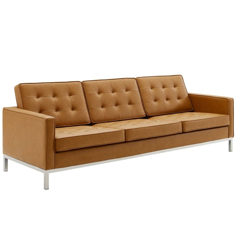Maklaine 2-Piece Modern Tufted Faux Leather Sofa and Armchair Set in Tan