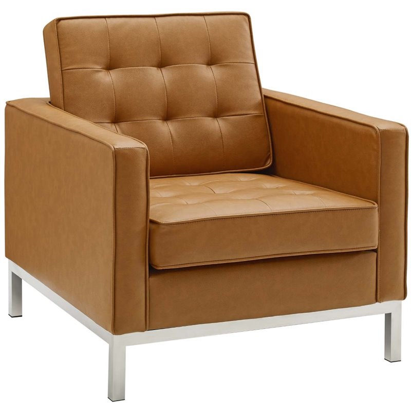 Maklaine 2-Piece Modern Tufted Faux Leather Sofa and Armchair Set in Tan