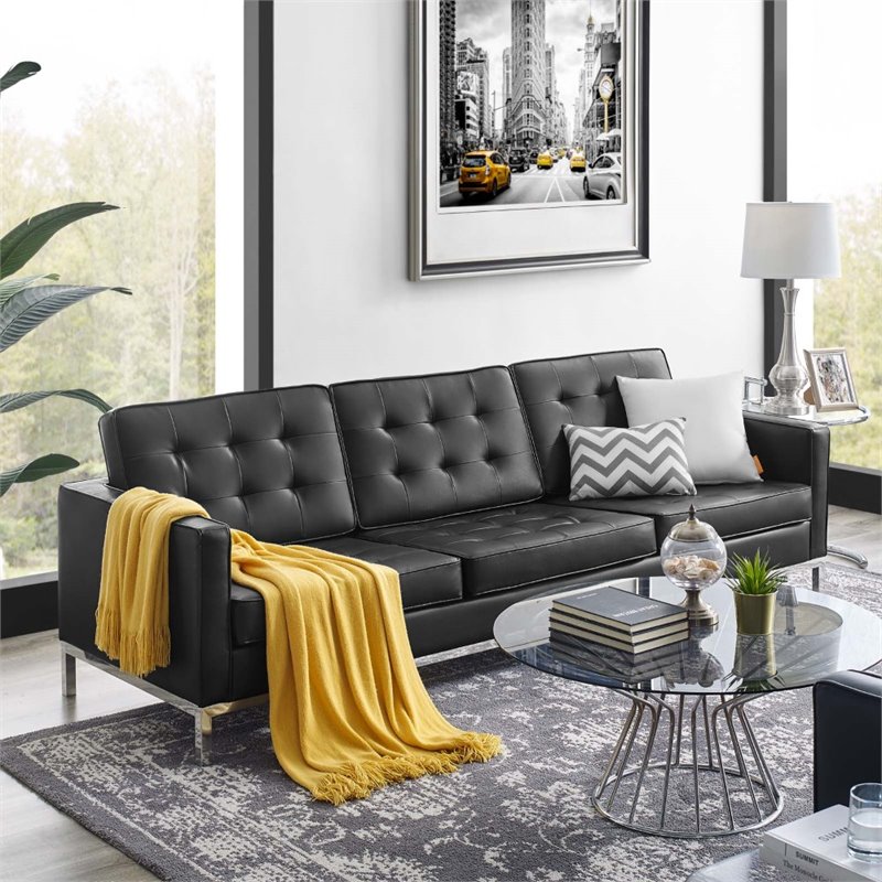 Maklaine Tufted Vegan Leather Stainless Steel Sofa in Silver/Black