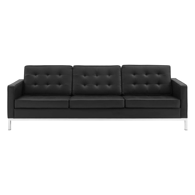 Maklaine Tufted Vegan Leather Stainless Steel Sofa in Silver/Black