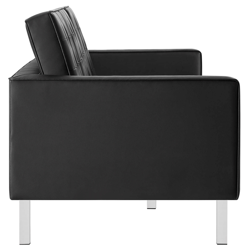 Maklaine Tufted Vegan Leather Stainless Steel Sofa in Silver/Black