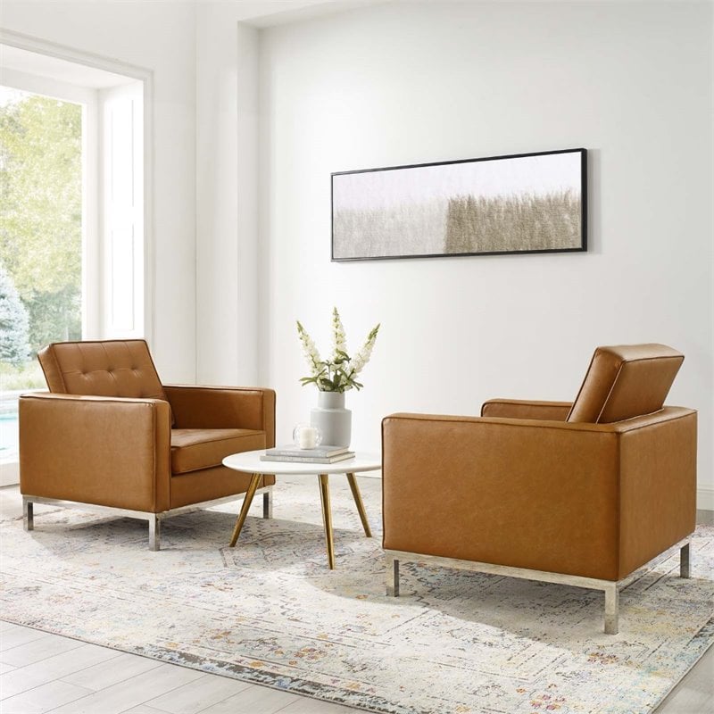 Maklaine Modern Faux Leather Armchair in Silver/Tan (Set of 2)