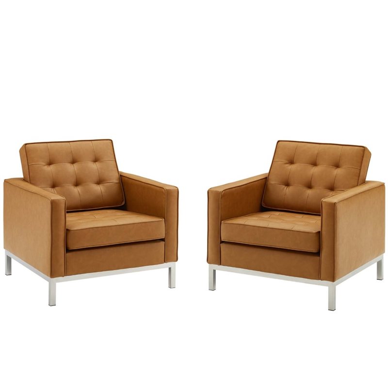 Maklaine Modern Faux Leather Armchair in Silver/Tan (Set of 2)