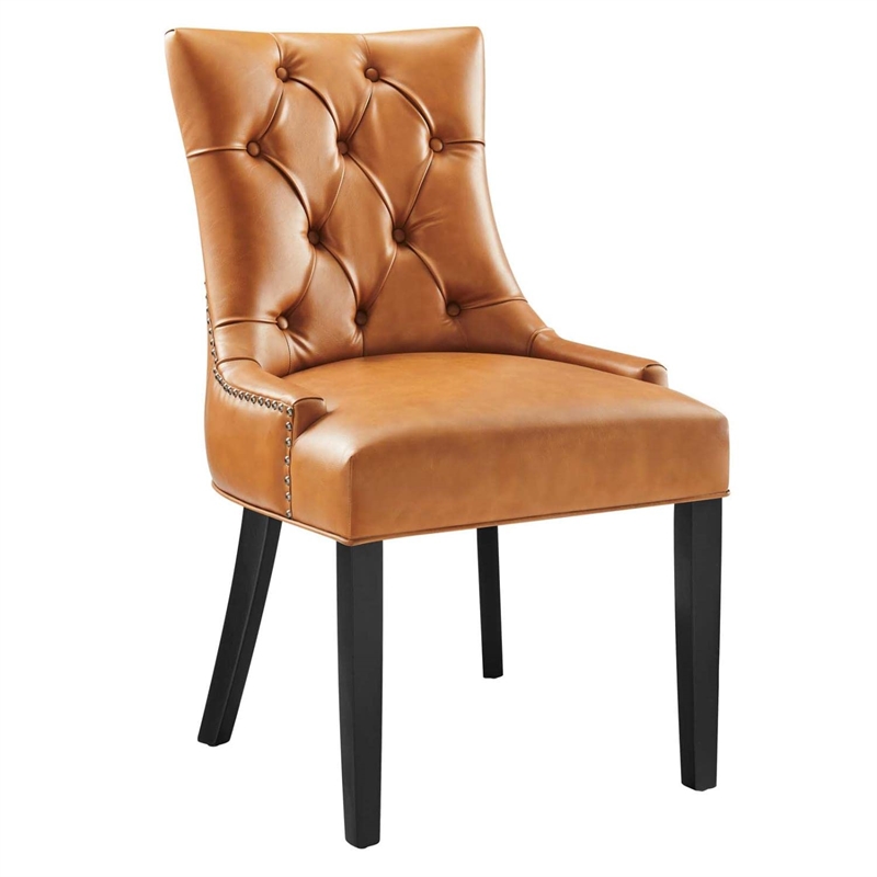 Maklaine Solid Wood and Tufted Vegan Leather Dining Chair in Tan
