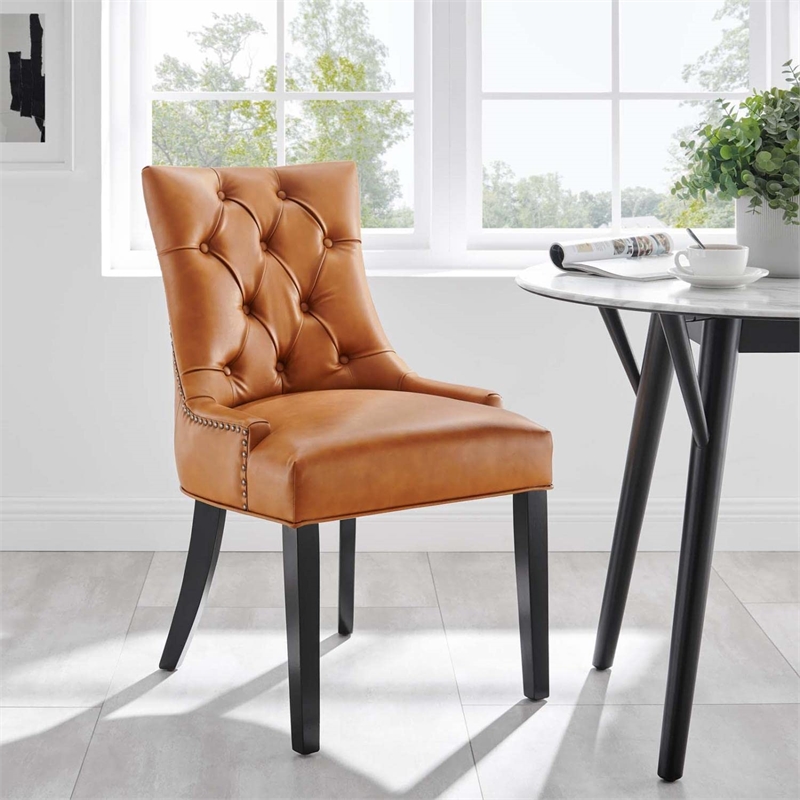 Maklaine Solid Wood and Tufted Vegan Leather Dining Chair in Tan