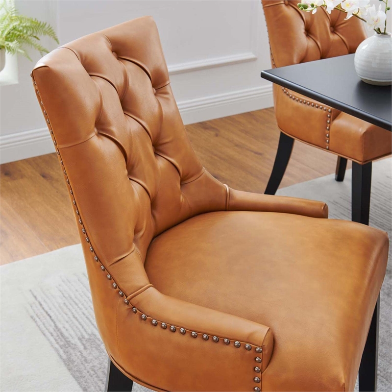 Maklaine Solid Wood and Tufted Vegan Leather Dining Chair in Tan