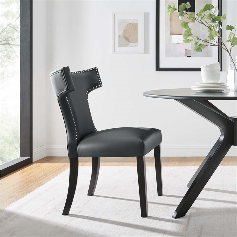 Maklaine Contemporary Solid Wood and Vegan Leather Dining Chair in Gray