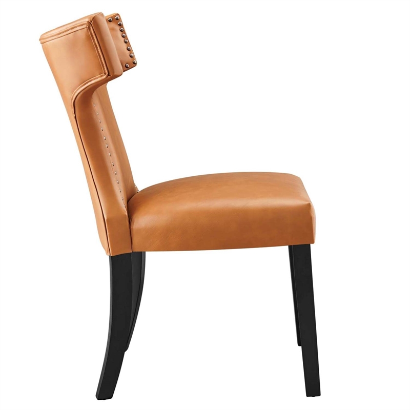 Maklaine Contemporary Solid Wood and Vegan Leather Dining Chair in Tan