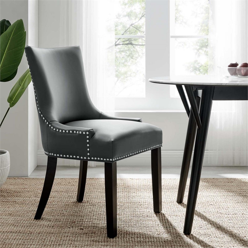 Maklaine Contemporary Solid Wood and Vegan Leather Dining Chair in Gray