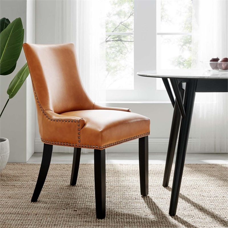 Maklaine Contemporary Solid Wood and Vegan Leather Dining Chair in Tan