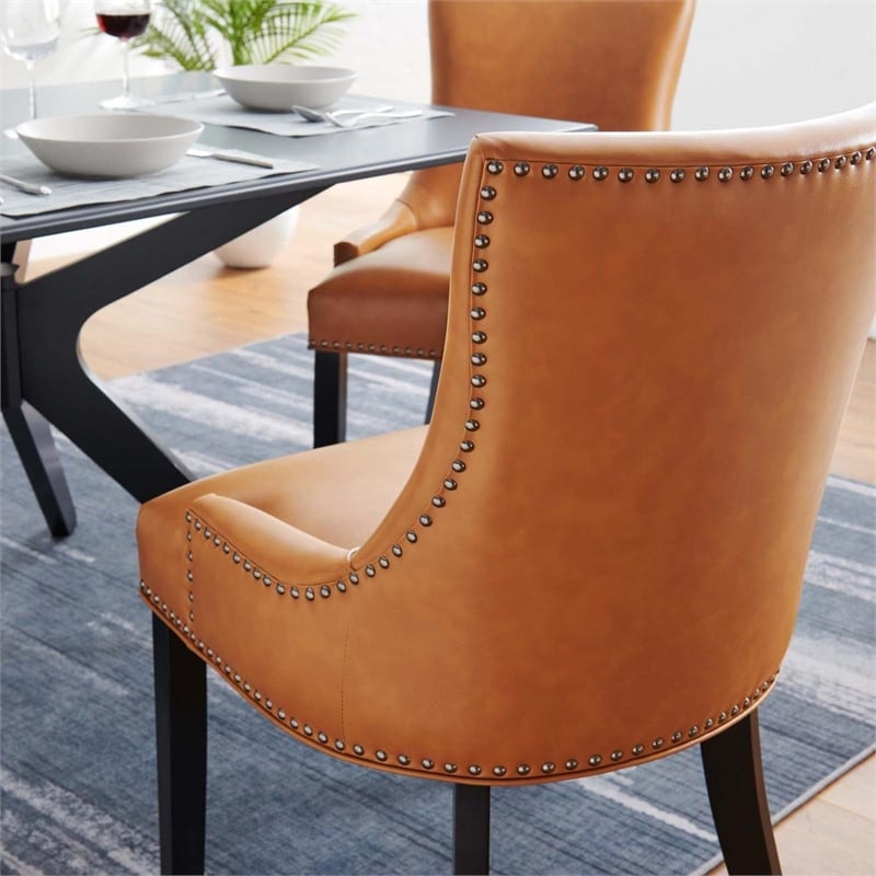 Maklaine Contemporary Solid Wood and Vegan Leather Dining Chair in Tan