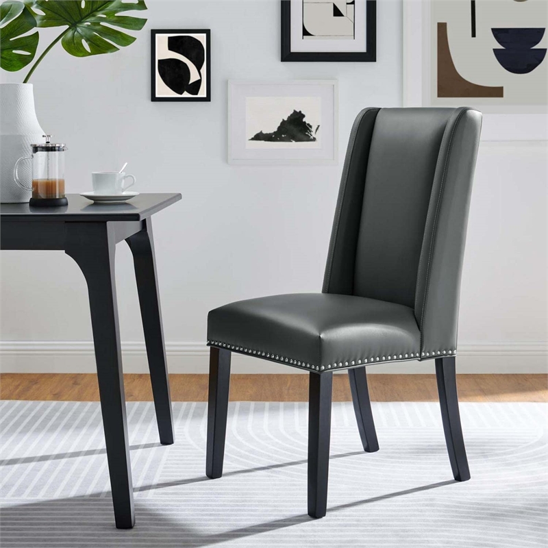 Maklaine Contemporary Solid Wood and Vegan Leather Dining Chair in Gray