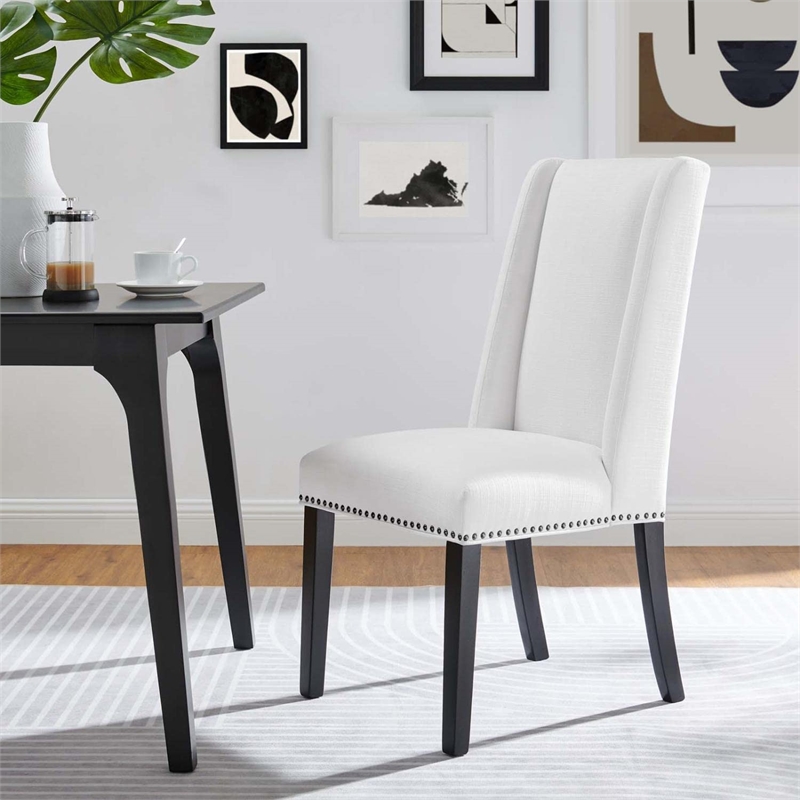Maklaine Solid Wood and Polyester Fabric Dining Chair in White
