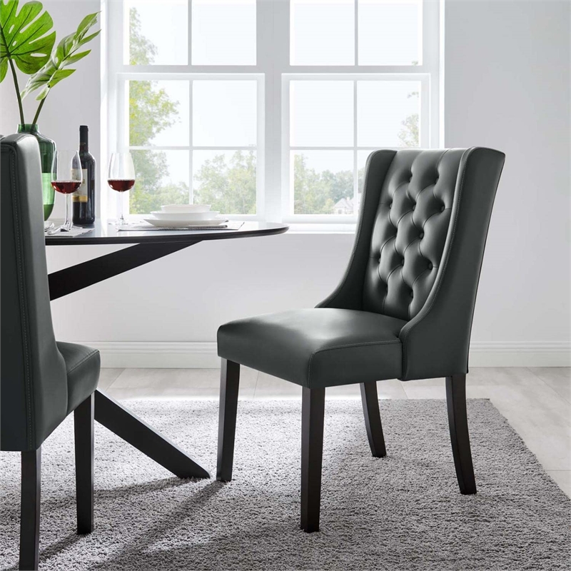 Maklaine Solid Wood and Button Tufted Vegan Leather Dining Chair in Gray