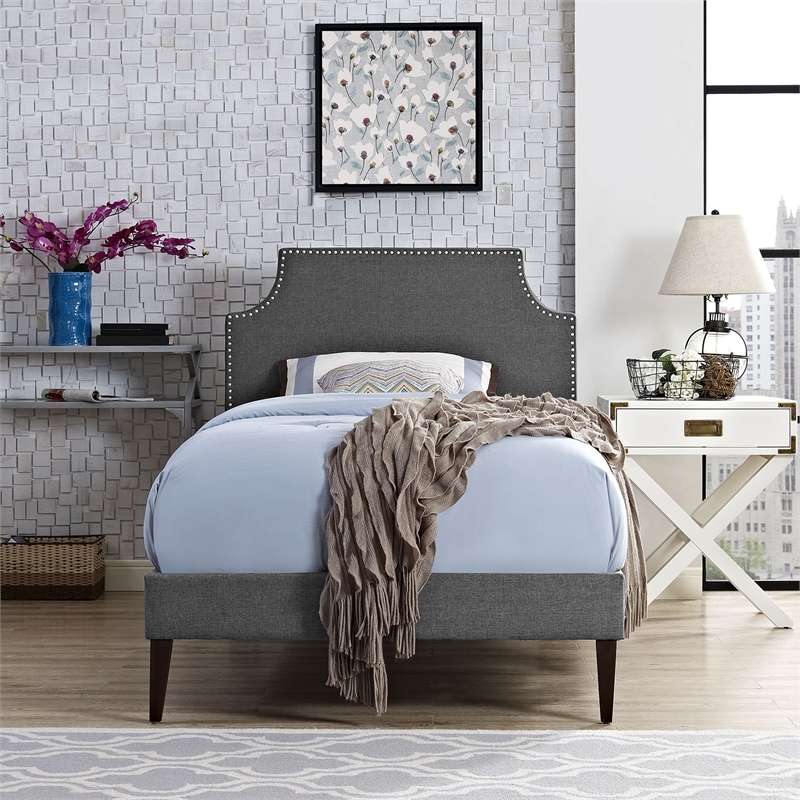 Maklaine Fabric Twin Platform Bed with Squared Tapered Legs in Gray