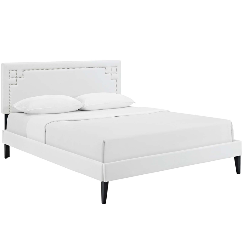 Maklaine Contemporary Vinyl Upholstered Queen Platform Bed in White