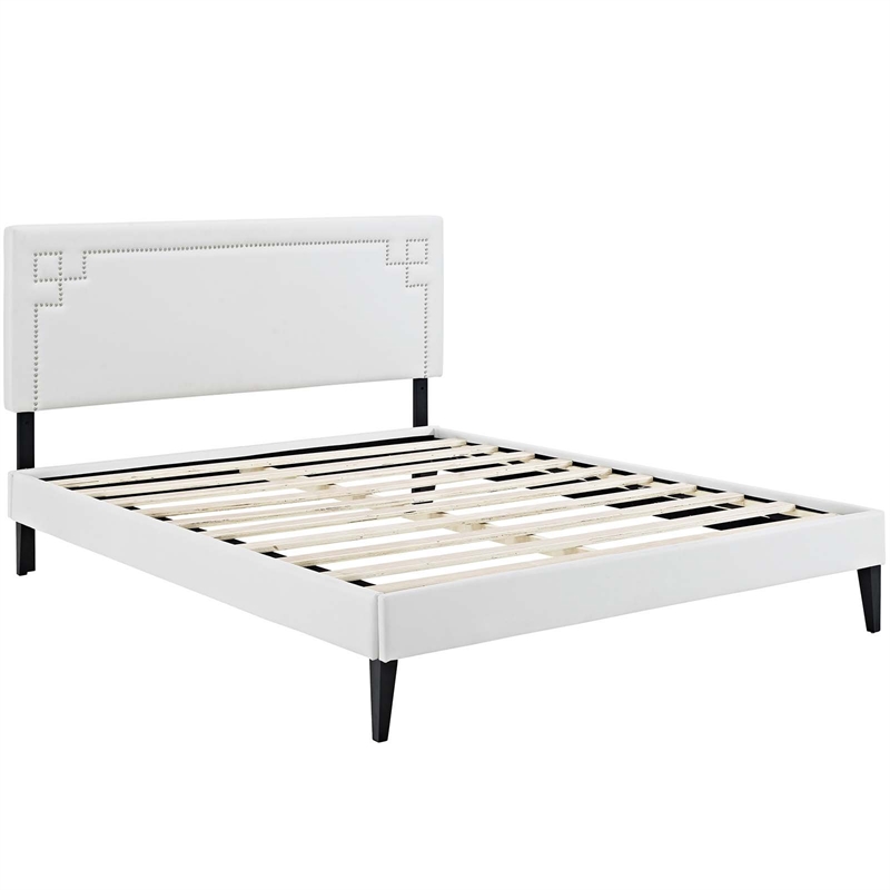 Maklaine Contemporary Vinyl Upholstered Queen Platform Bed in White