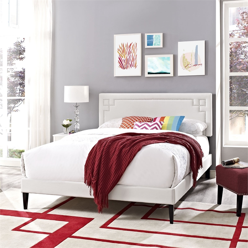 Maklaine Contemporary Vinyl Upholstered Queen Platform Bed in White