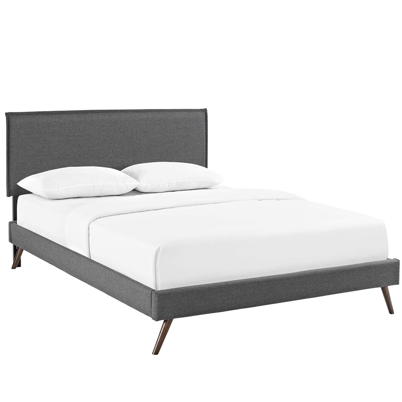 Maklaine Mid-Century Polyester Upholstered Queen Platform Bed in Gray