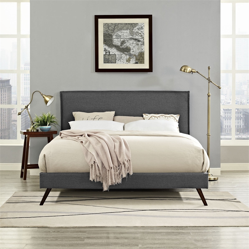 Maklaine Mid-Century Polyester Upholstered Queen Platform Bed in Gray