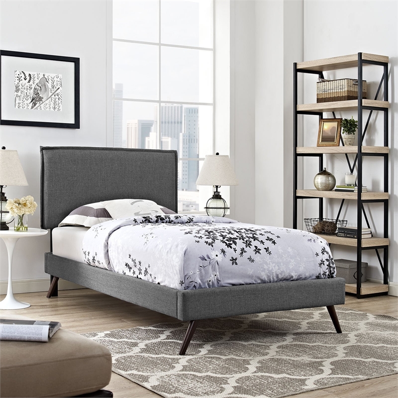 Maklaine Contemporary Polyester Upholstered Twin Platform Bed in Gray