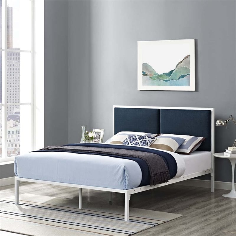 Maklaine Contemporary King Fabric Panel Metal Bed in White and Azure