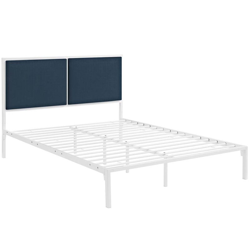 Maklaine Contemporary King Fabric Panel Metal Bed in White and Azure