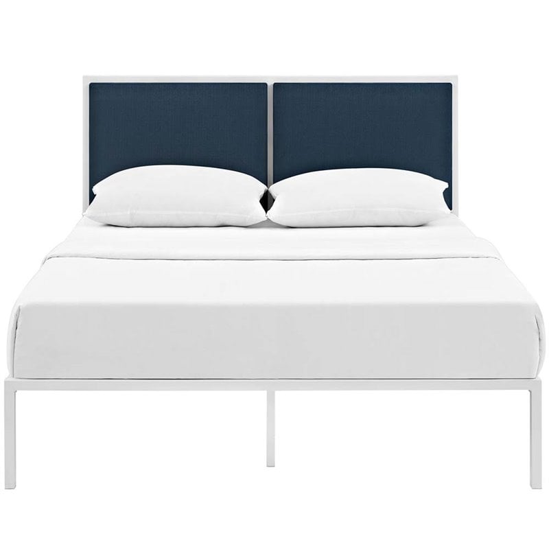 Maklaine Contemporary King Fabric Panel Metal Bed in White and Azure