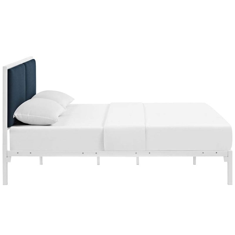 Maklaine Contemporary King Fabric Panel Metal Bed in White and Azure