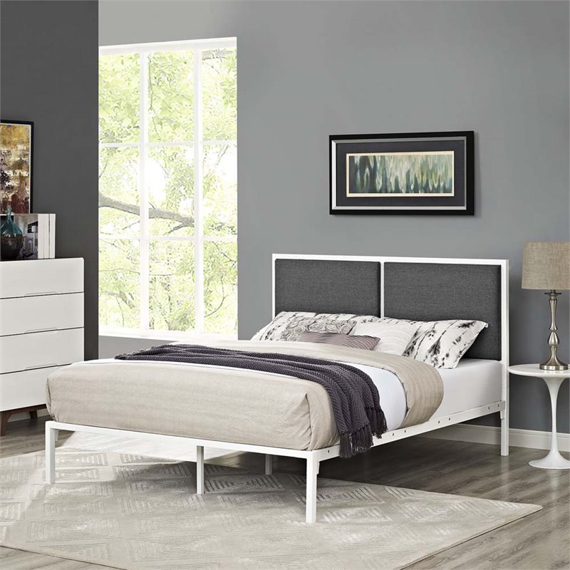 Maklaine Contemporary King Fabric Panel Metal Bed in White and Gray